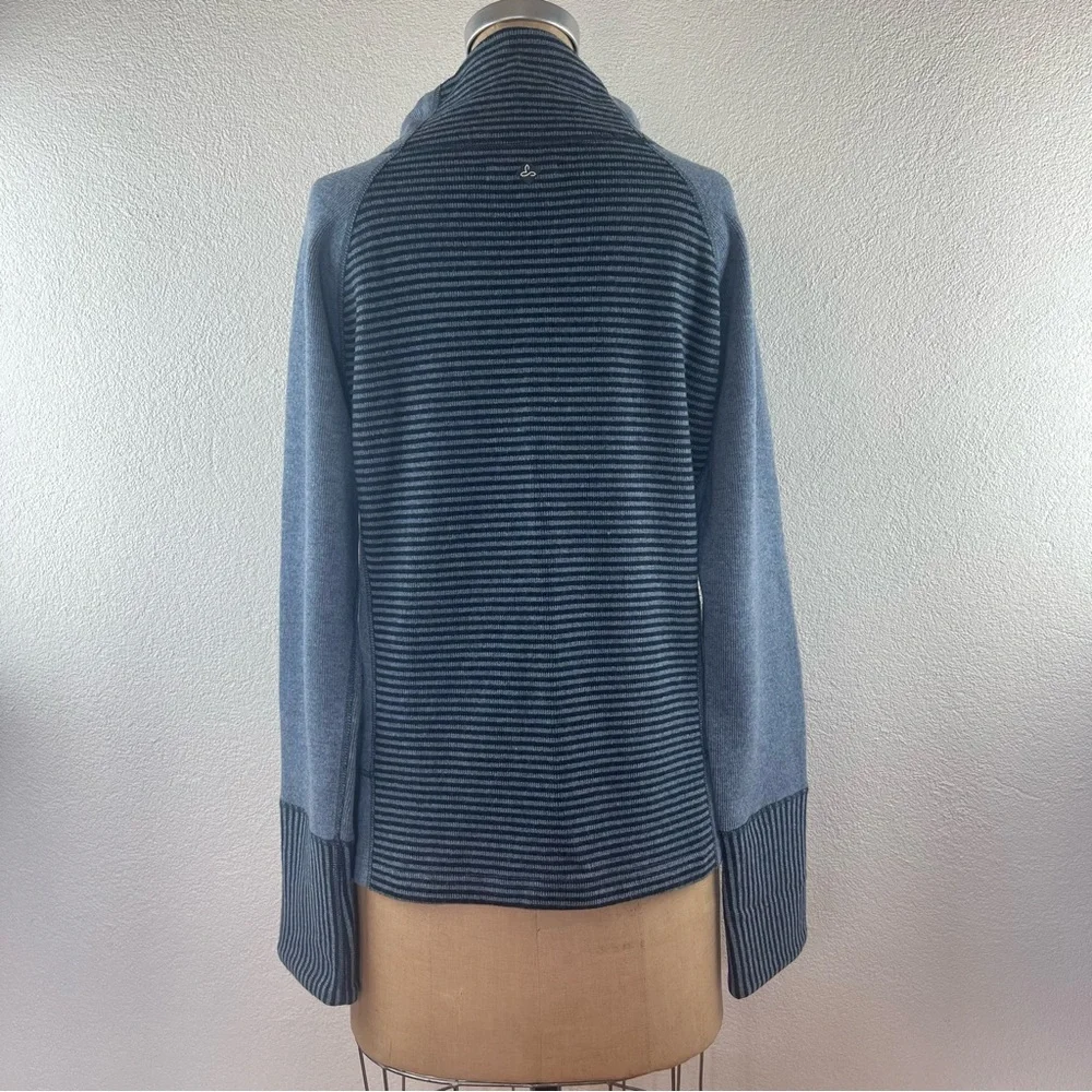 PrAna l M Lucia Wool Blend Funnel Neck Stripe Wood Buttons Knit Pullover Sweater